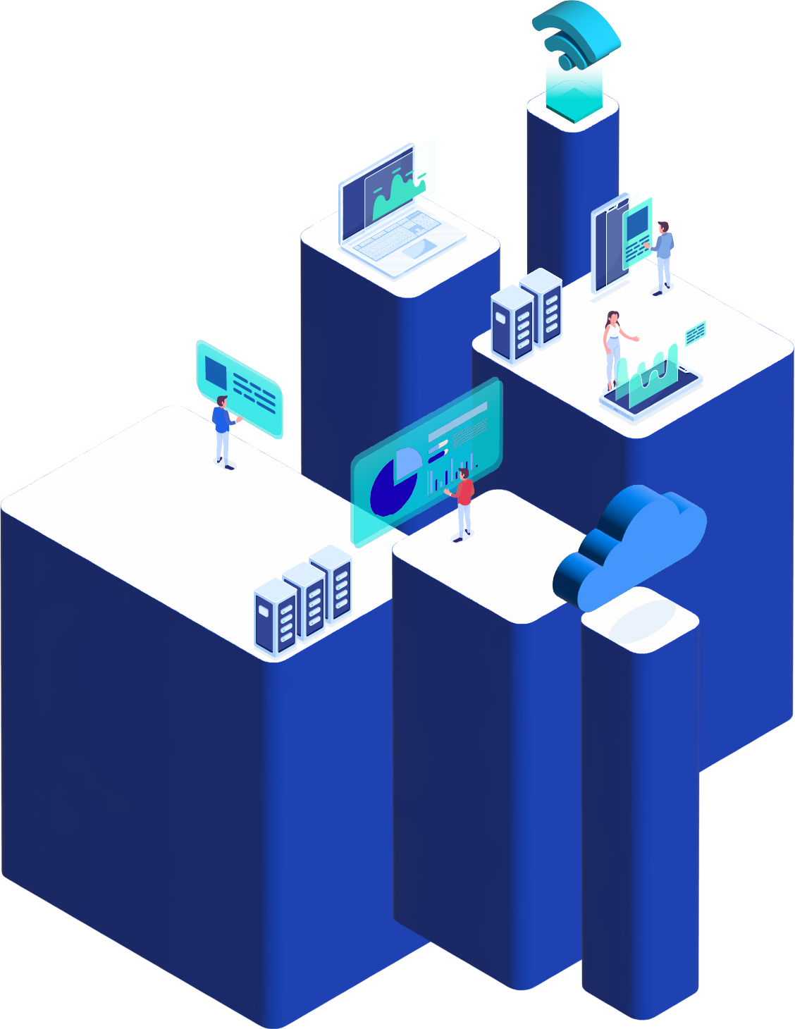 Eine Illustration die ein IT-Dienstleister bildlich darstellen soll und deren Digitalen Abläufe zeigt.